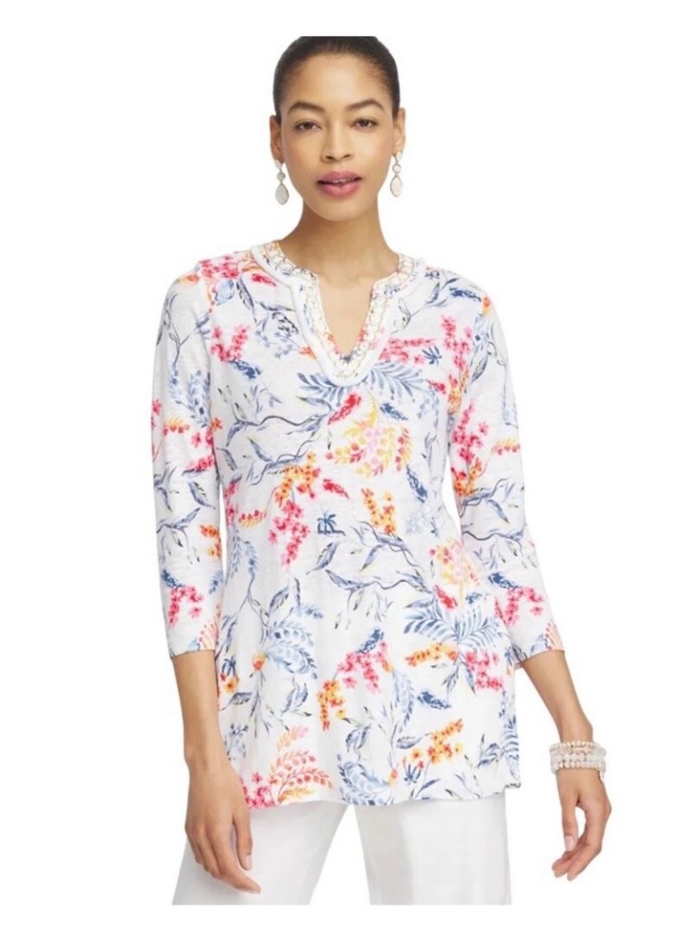 Chico's White Floral Tunic with Blue, Pink & Yellow Accents